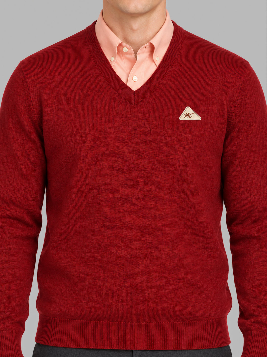 Men Maroon Solid V Neck Full Sleeve Pullover