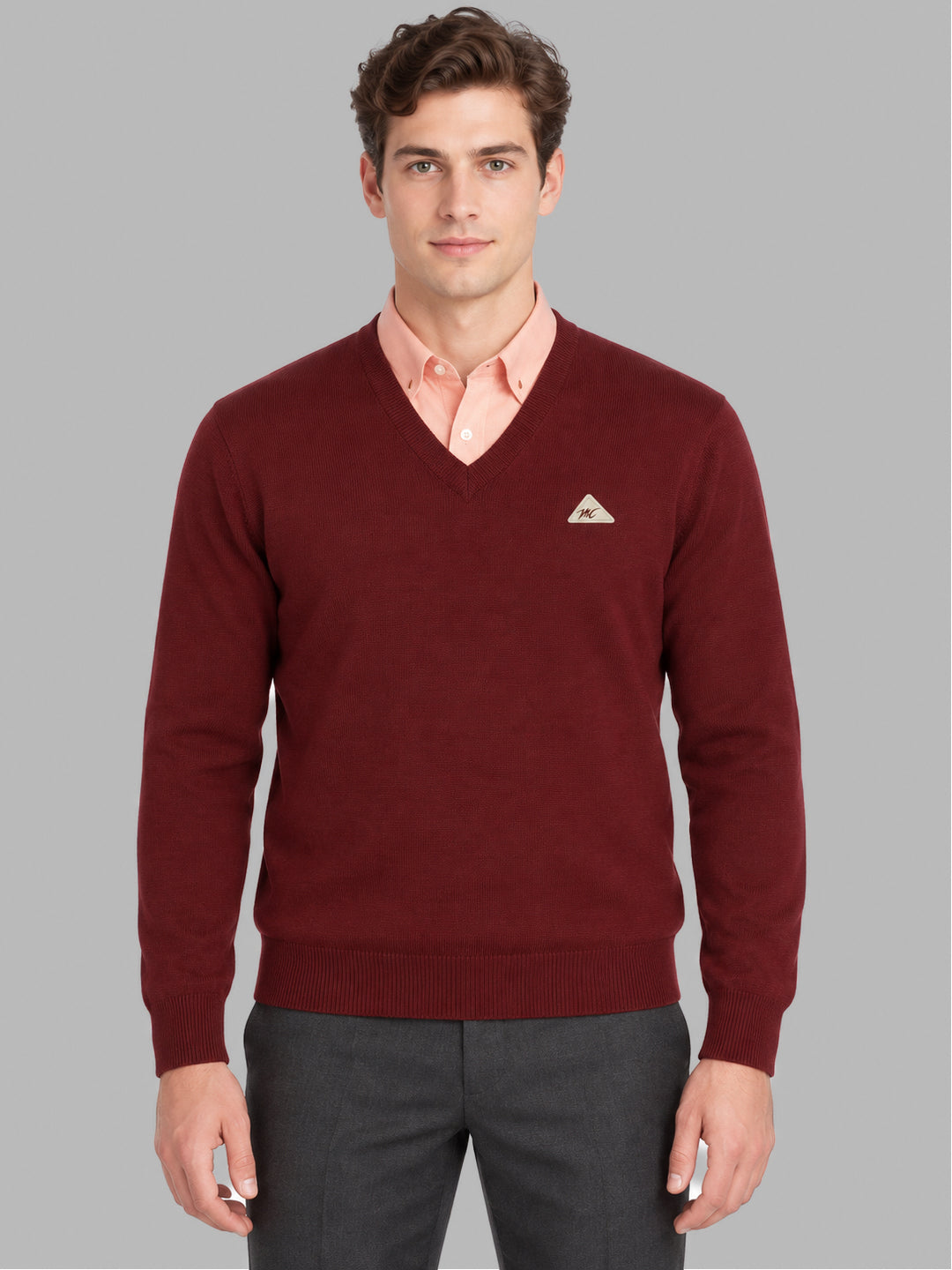 Men Maroon Solid V Neck Full Sleeve Pullover