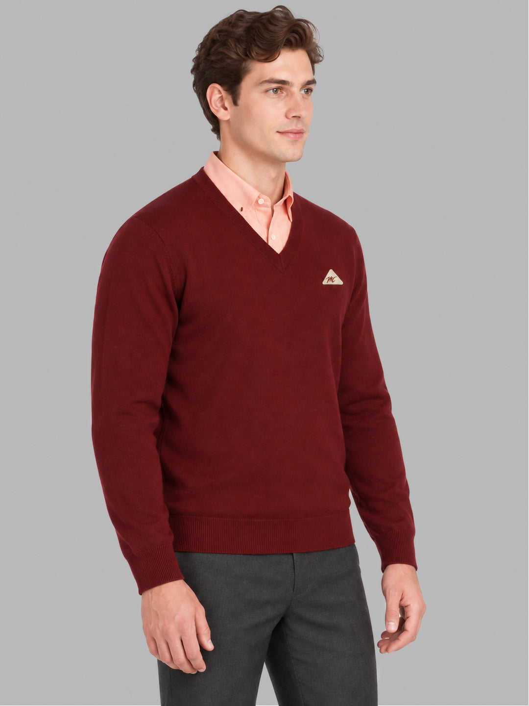 Men Maroon Solid V Neck Full Sleeve Pullover