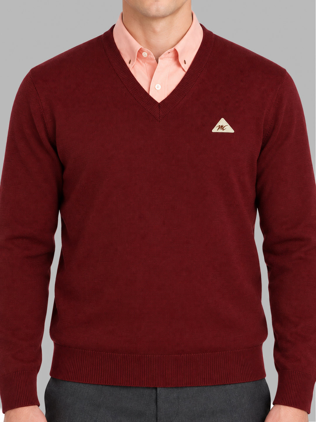 Men Maroon Solid V Neck Full Sleeve Pullover