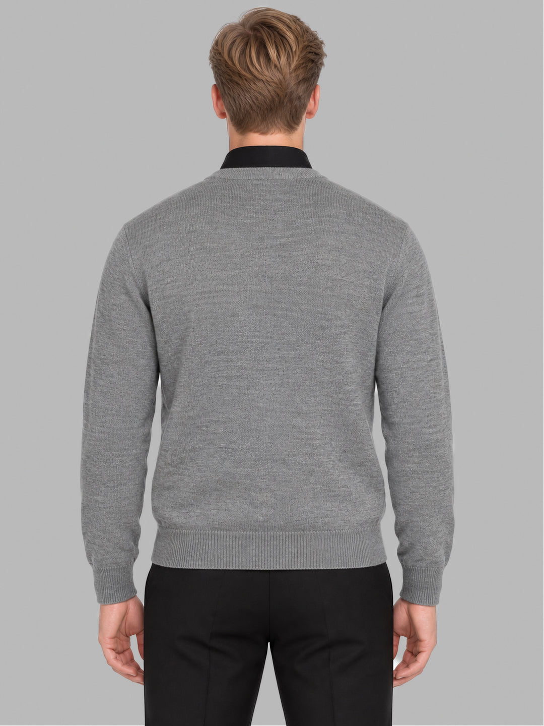 Men Grey Solid V Neck Full Sleeve Pullover