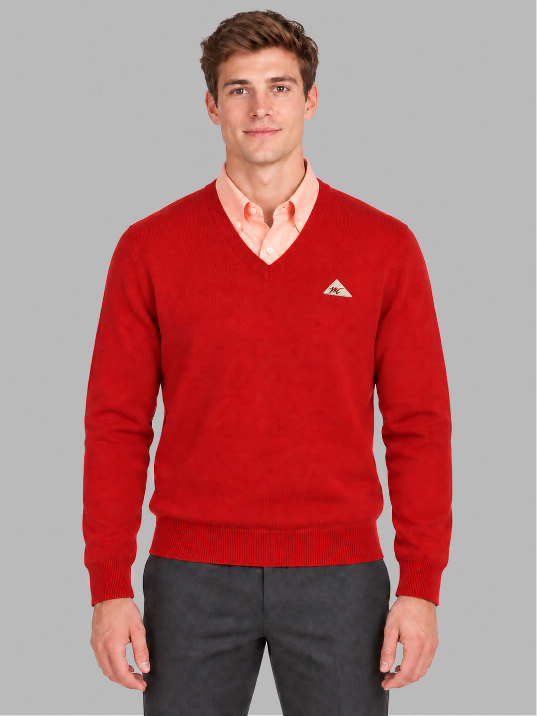 Men Red Solid V Neck Full Sleeve Pullover