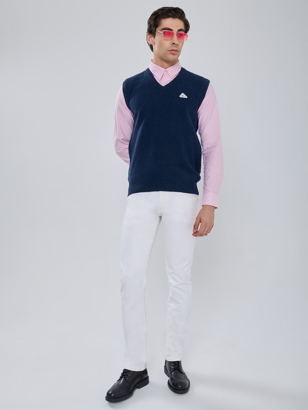 Men Blue Solid V Neck Sleeveless Sweater