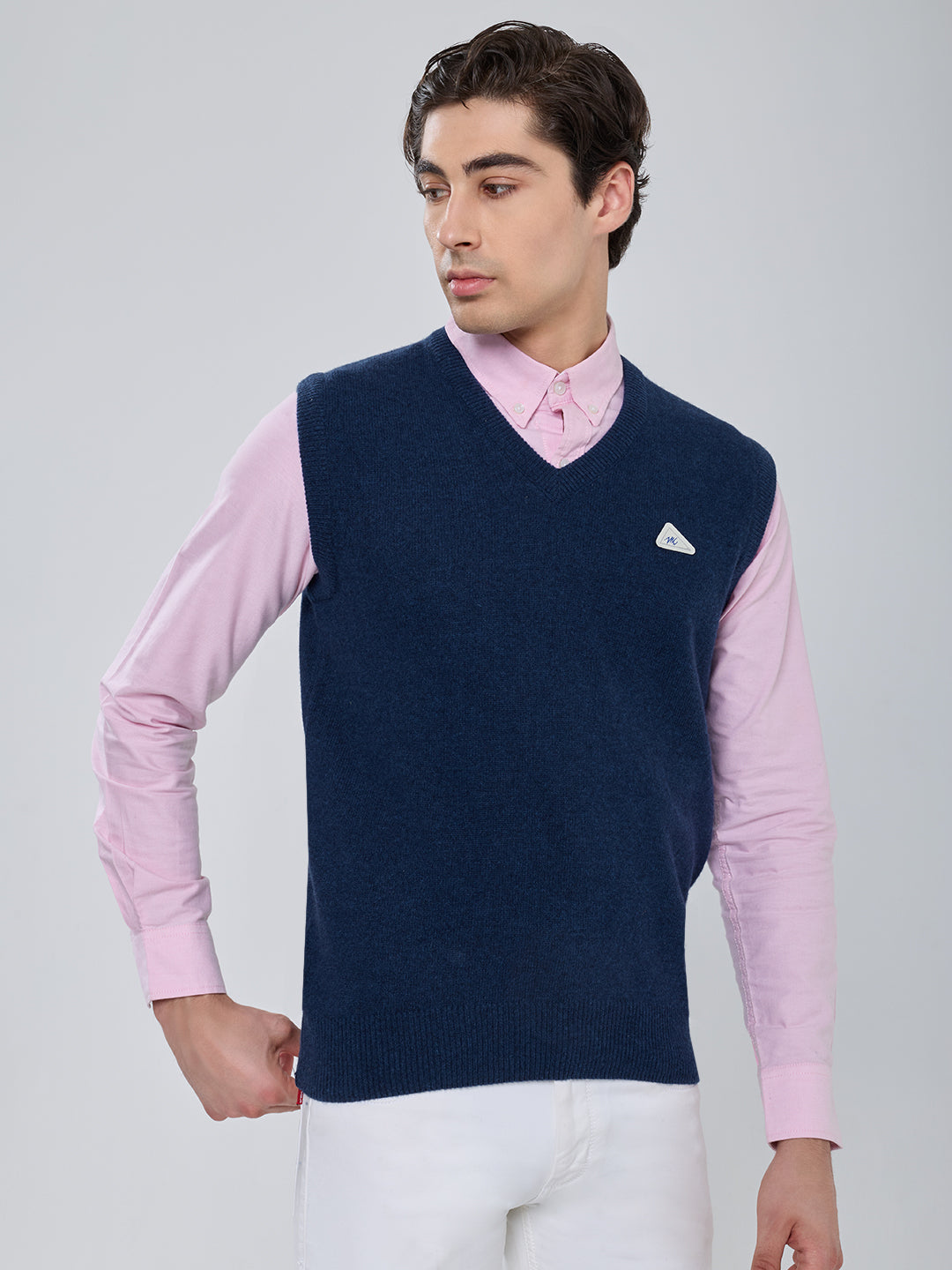 Men Blue Solid V Neck Sleeveless Sweater