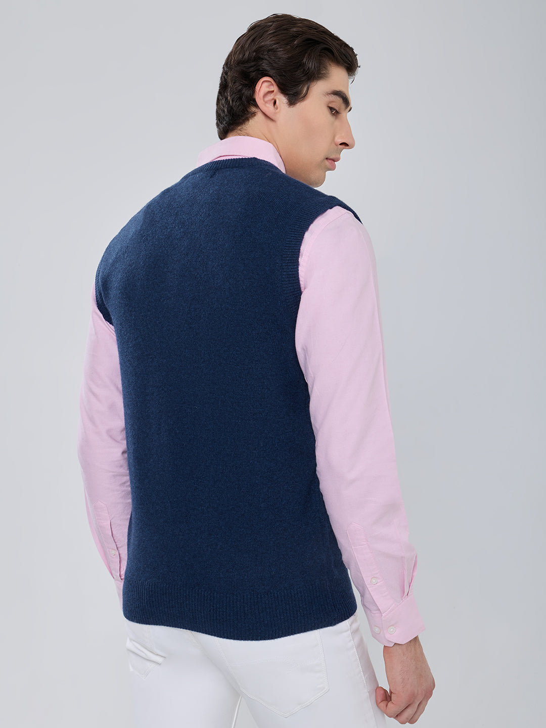 Men Blue Solid V Neck Sleeveless Sweater