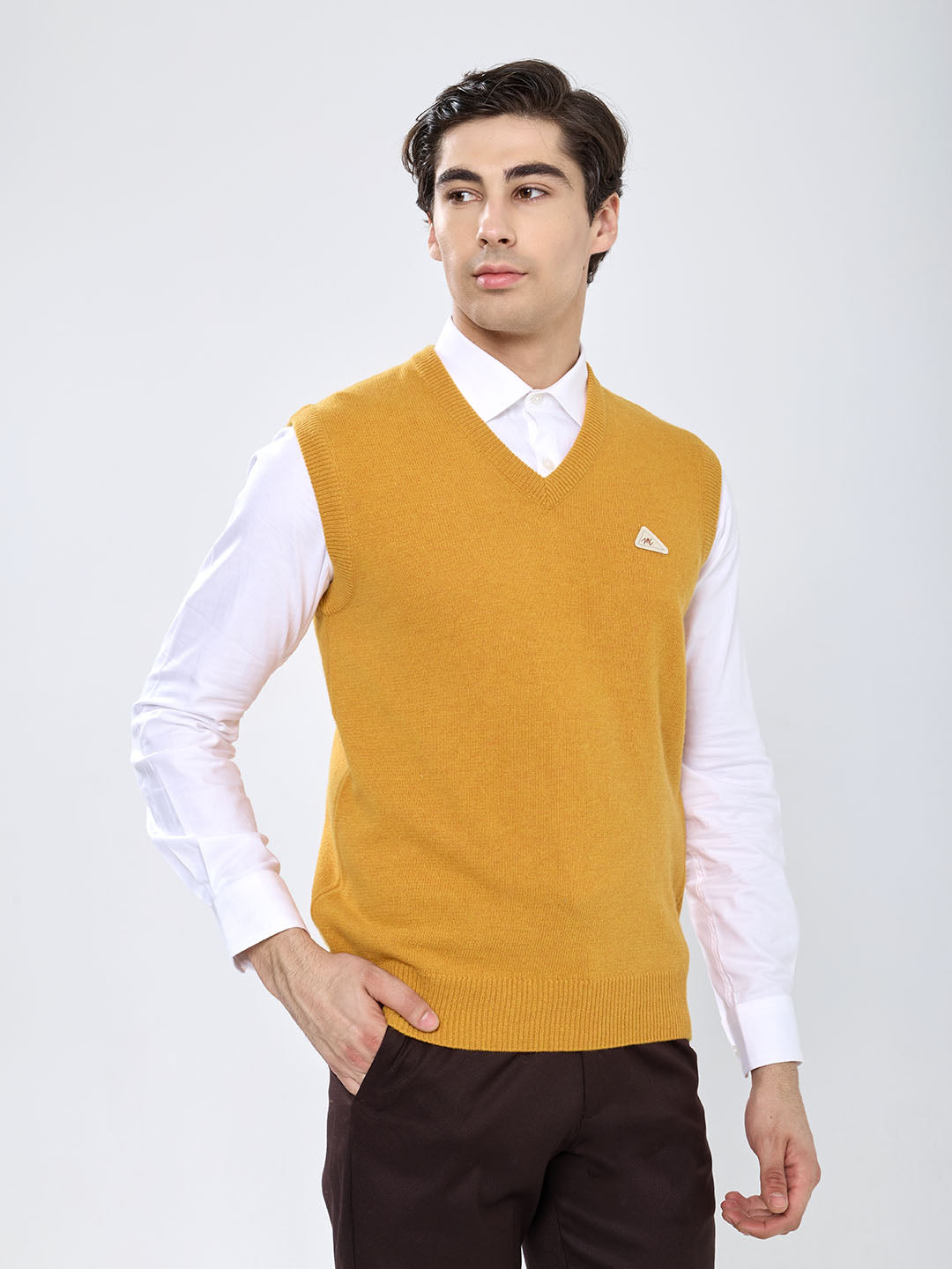 Men Mustard Solid V Neck Sleeveless Sweater