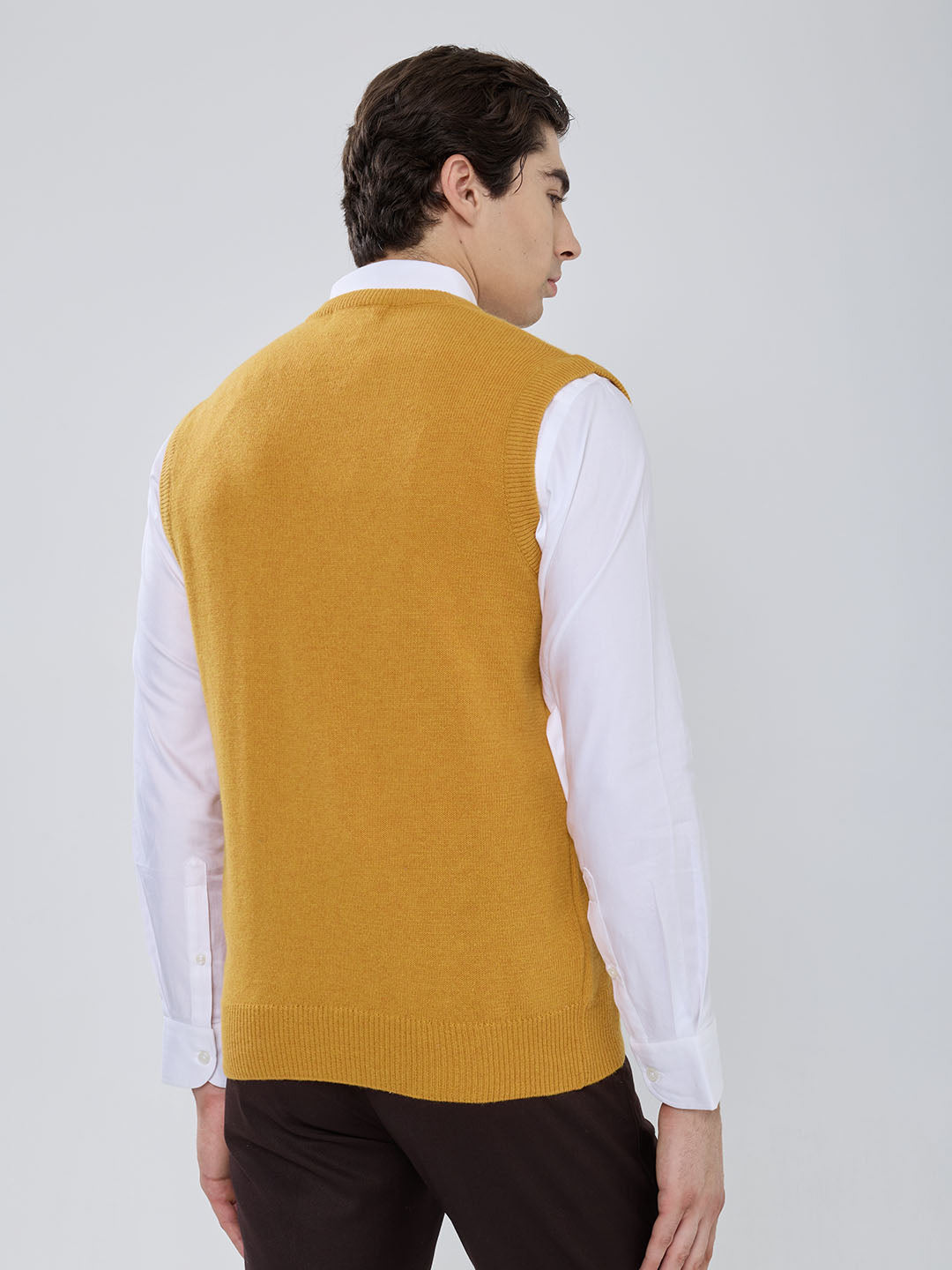 Men Mustard Solid V Neck Sleeveless Sweater