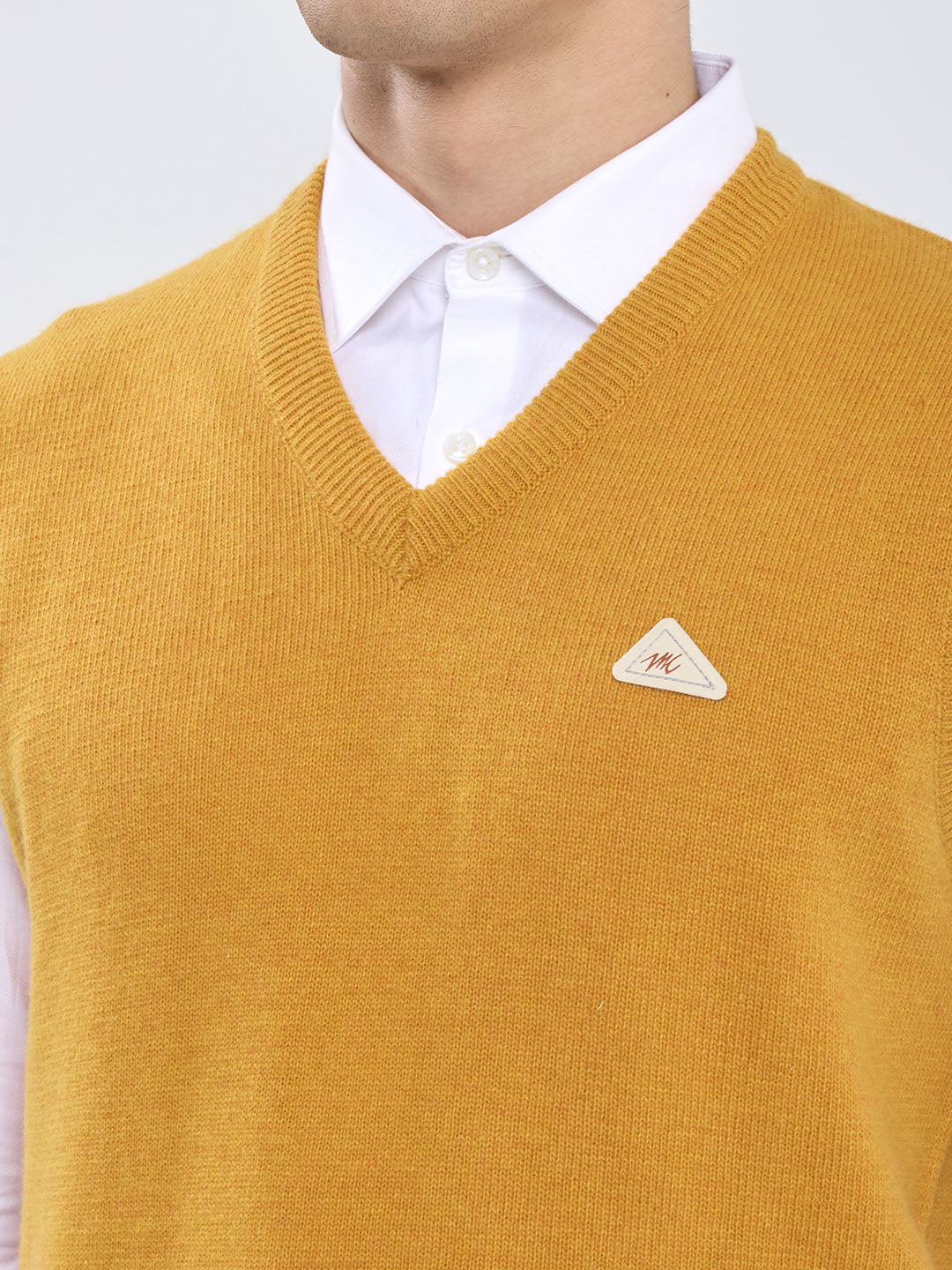 Men Mustard Solid V Neck Sleeveless Sweater