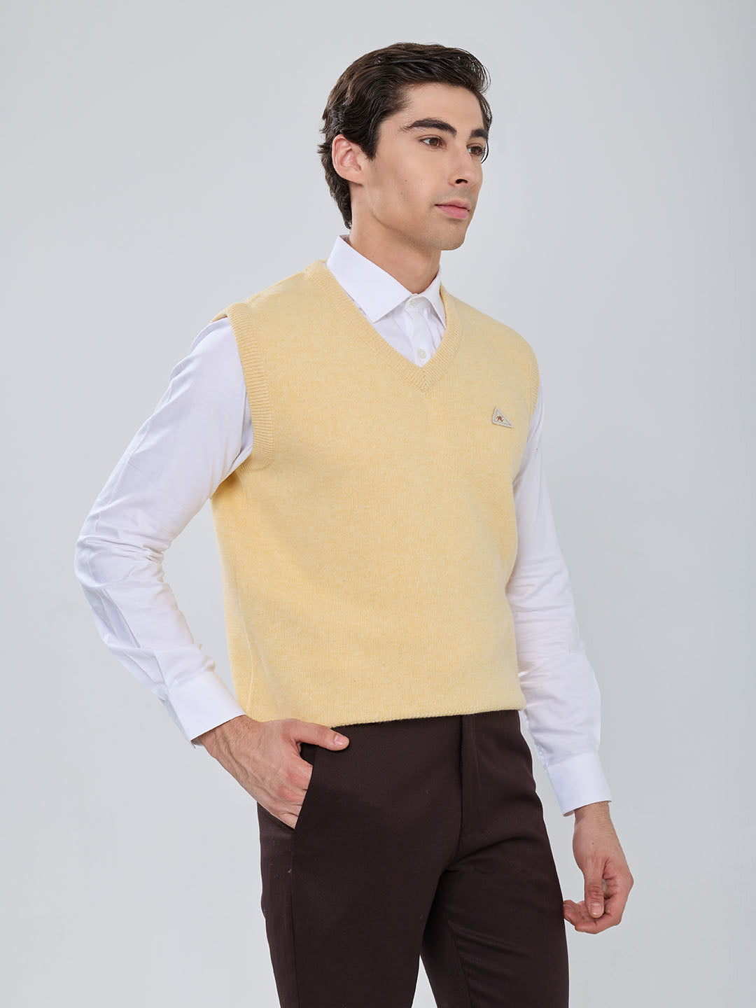 Men Yellow Solid V Neck Sleeveless Sweater