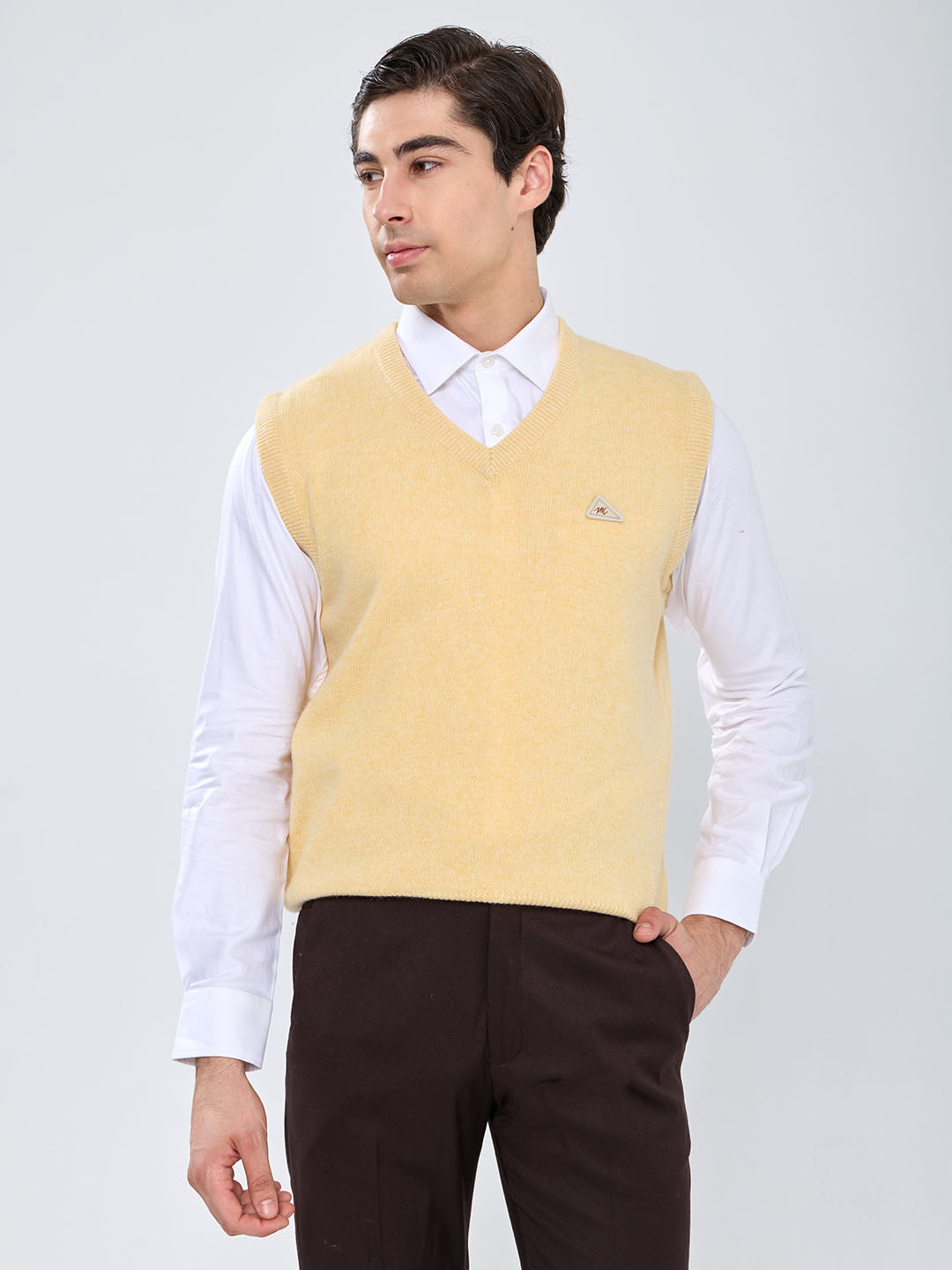 Men Yellow Solid V Neck Sleeveless Sweater