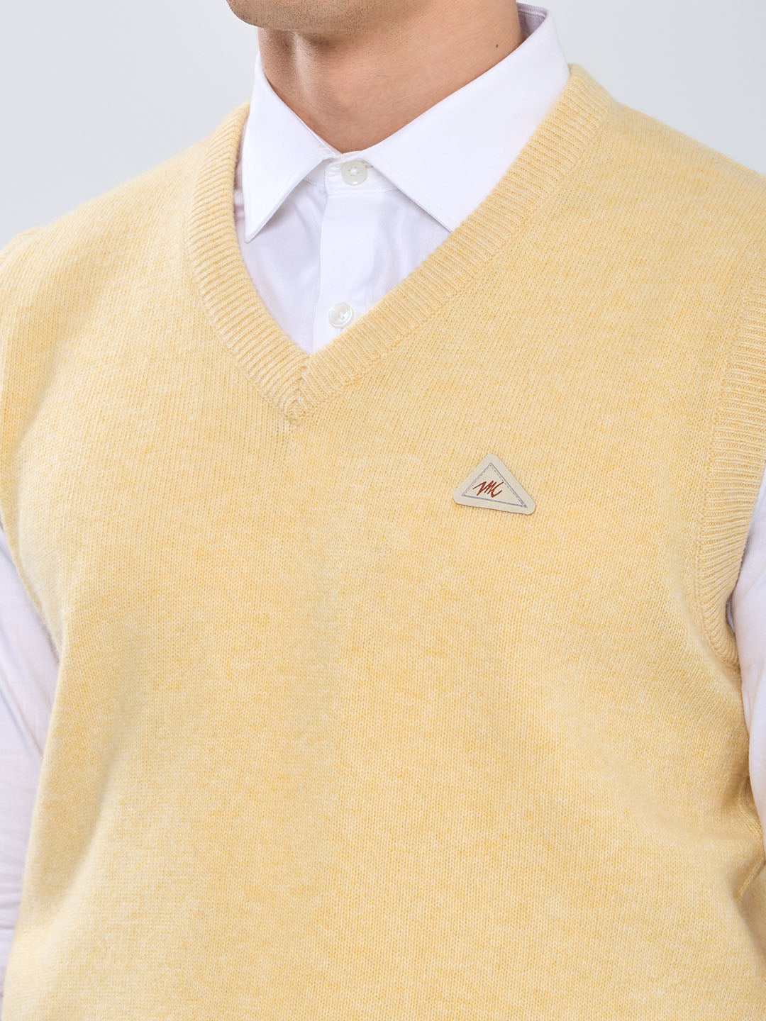 Men Yellow Solid V Neck Sleeveless Sweater