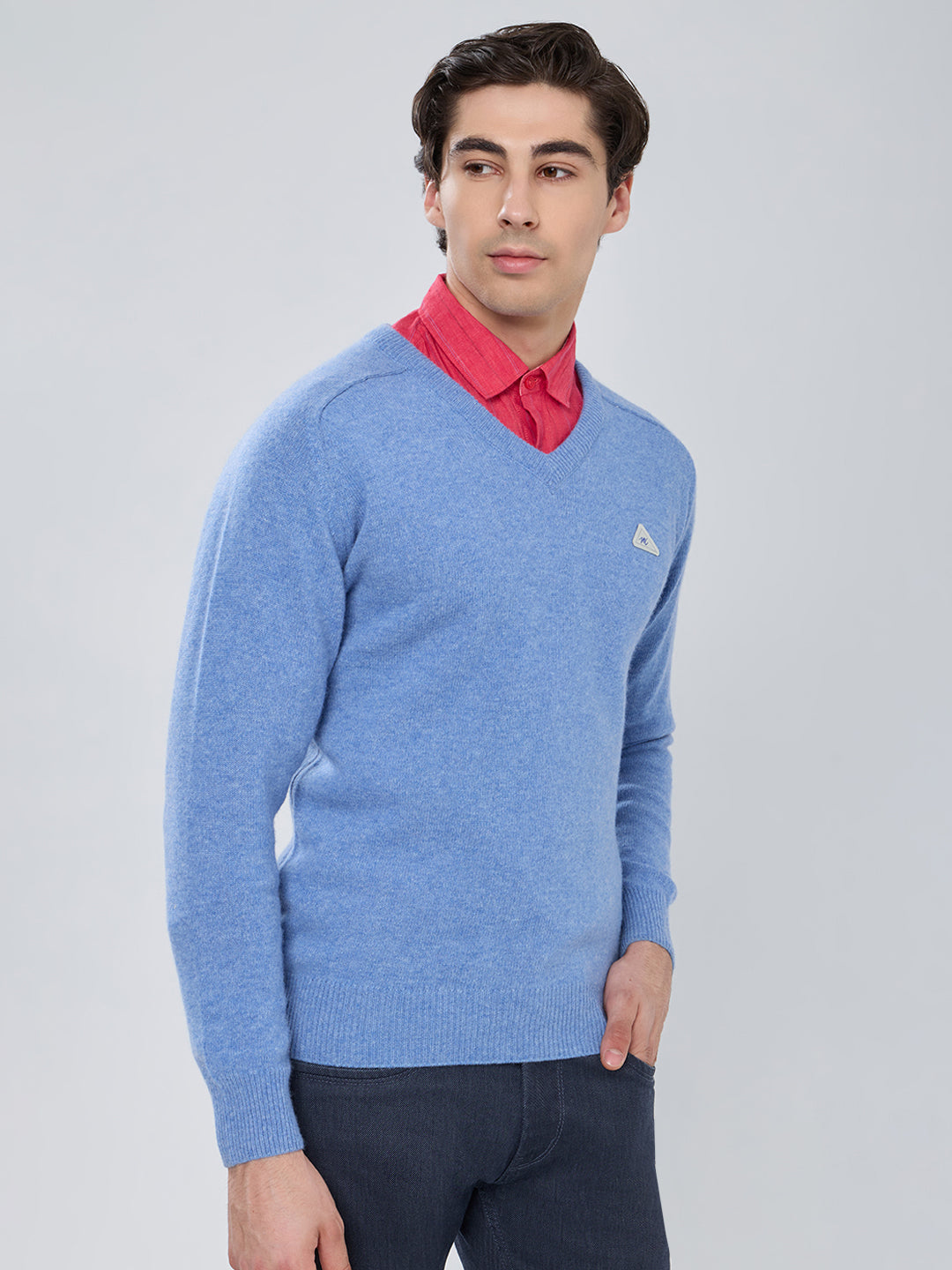 Men Sky Blue Solid V Neck Full Sleeve Pullover