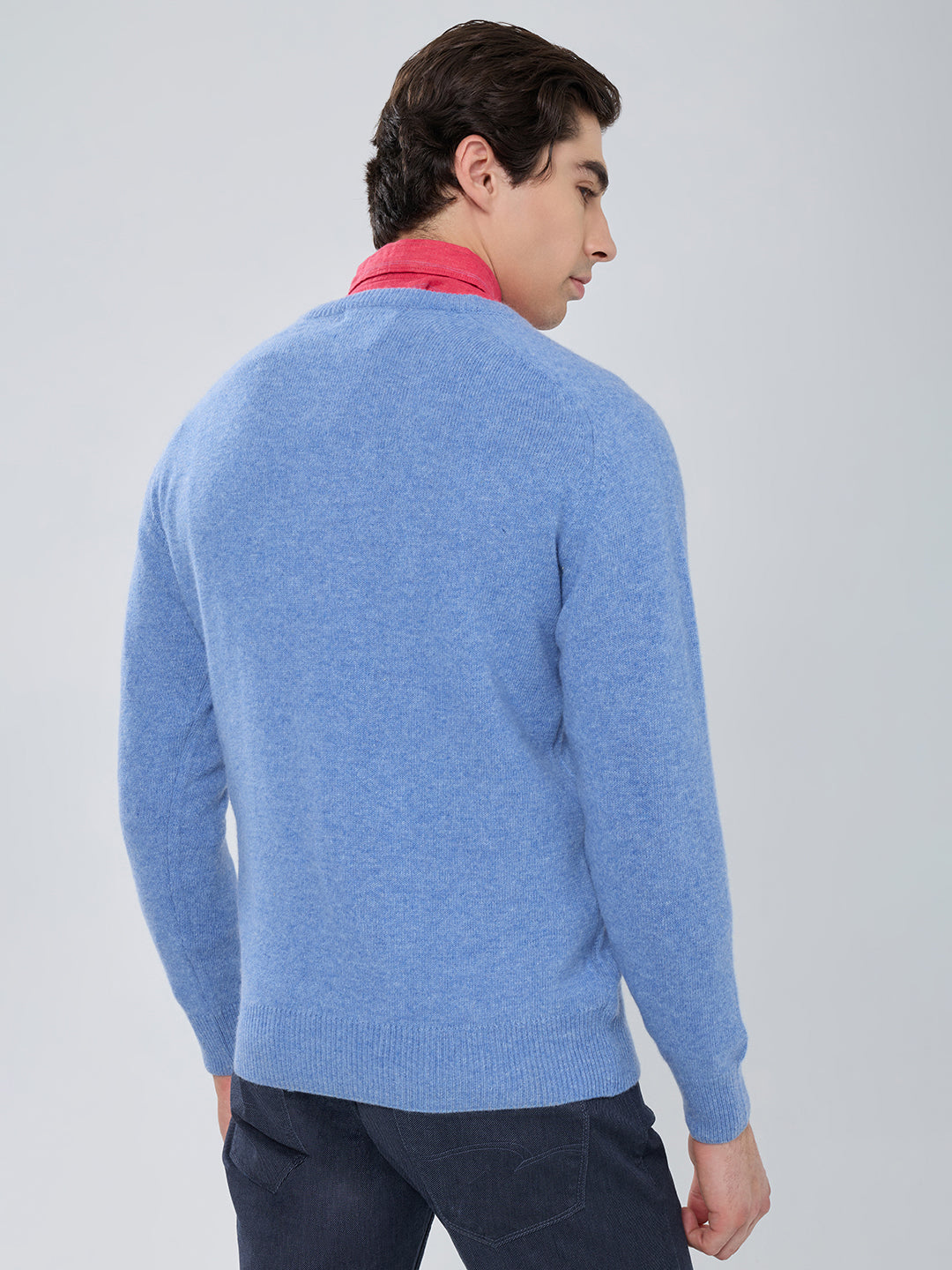 Men Sky Blue Solid V Neck Full Sleeve Pullover