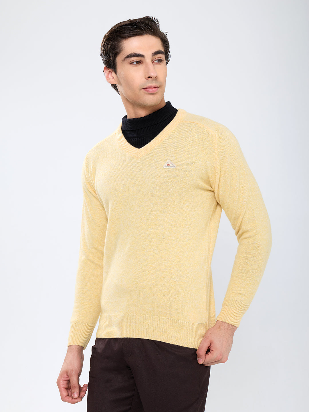 Men Yellow Solid V Neck Full Sleeve Pullover