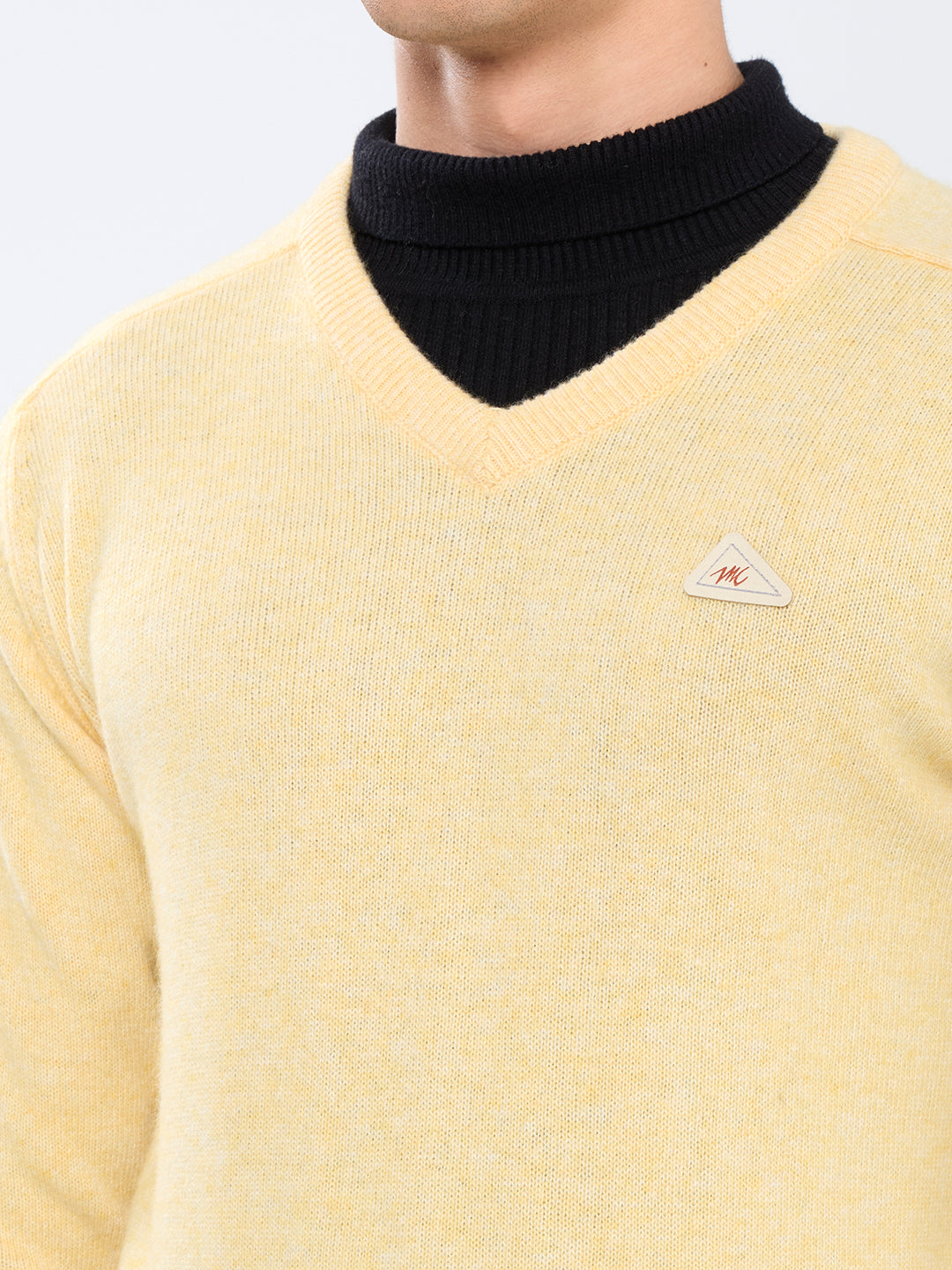 Men Yellow Solid V Neck Full Sleeve Pullover