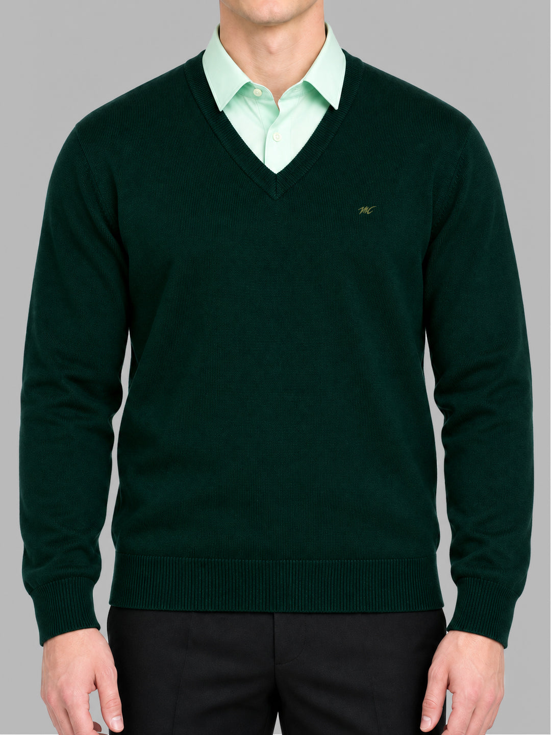Men Bottle Green Solid V Neck Full Sleeve Pullover