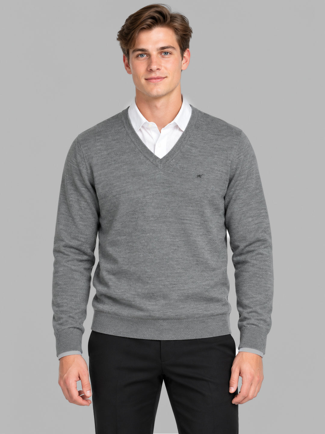 Men Grey Solid V Neck Full Sleeve Pullover