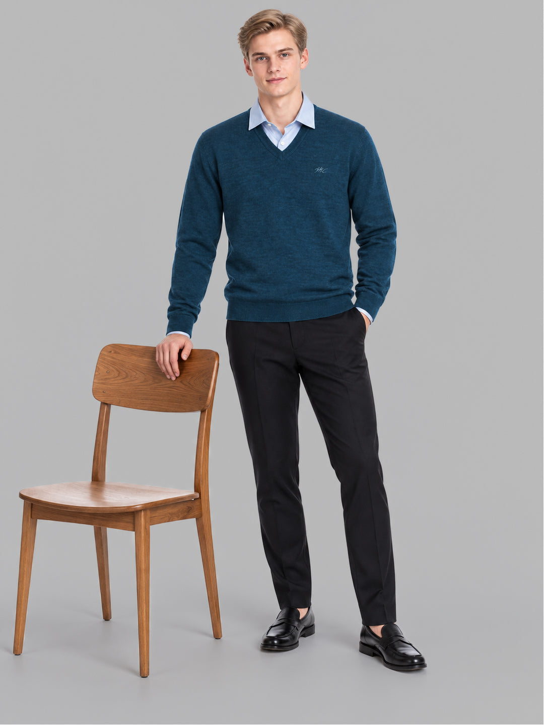 Men Teal Blue Solid V Neck Full Sleeve Pullover