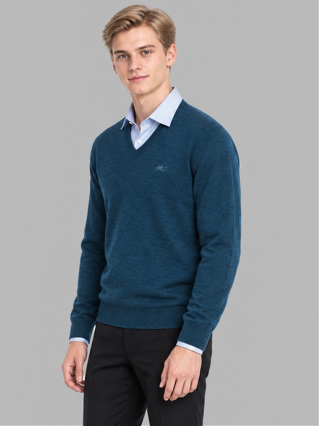 Men Teal Blue Solid V Neck Full Sleeve Pullover