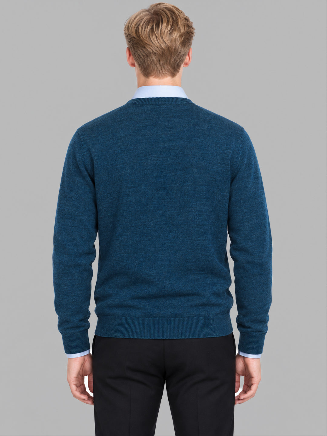 Men Teal Blue Solid V Neck Full Sleeve Pullover
