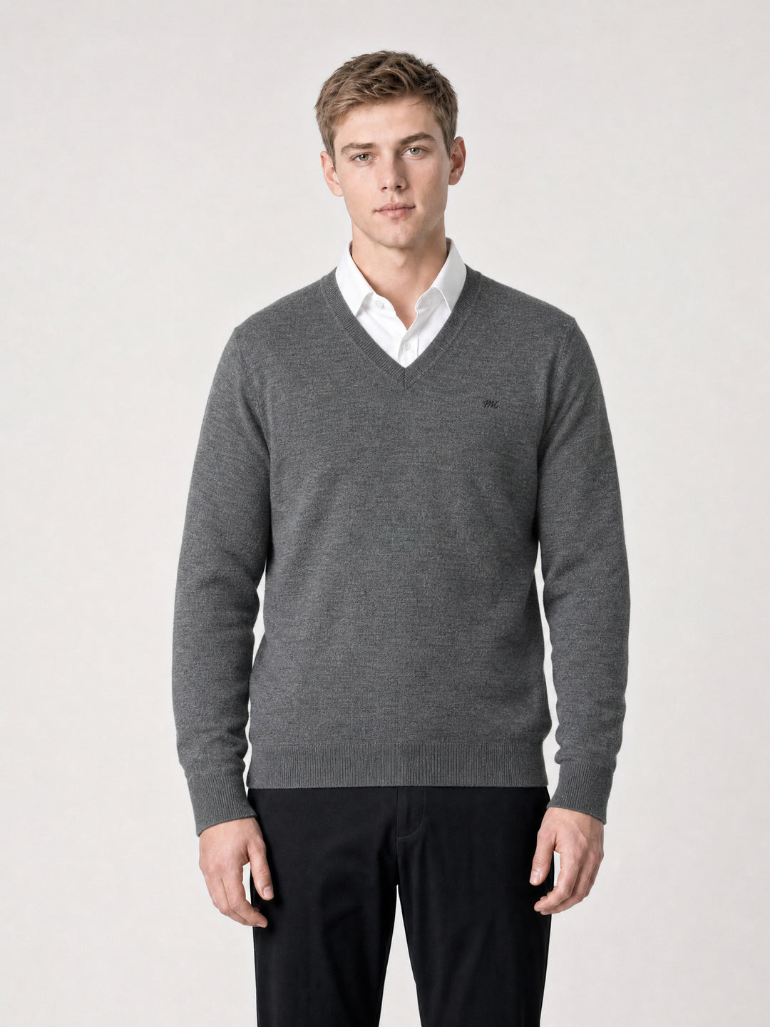 Men Grey Solid V Neck Full Sleeve Pullover