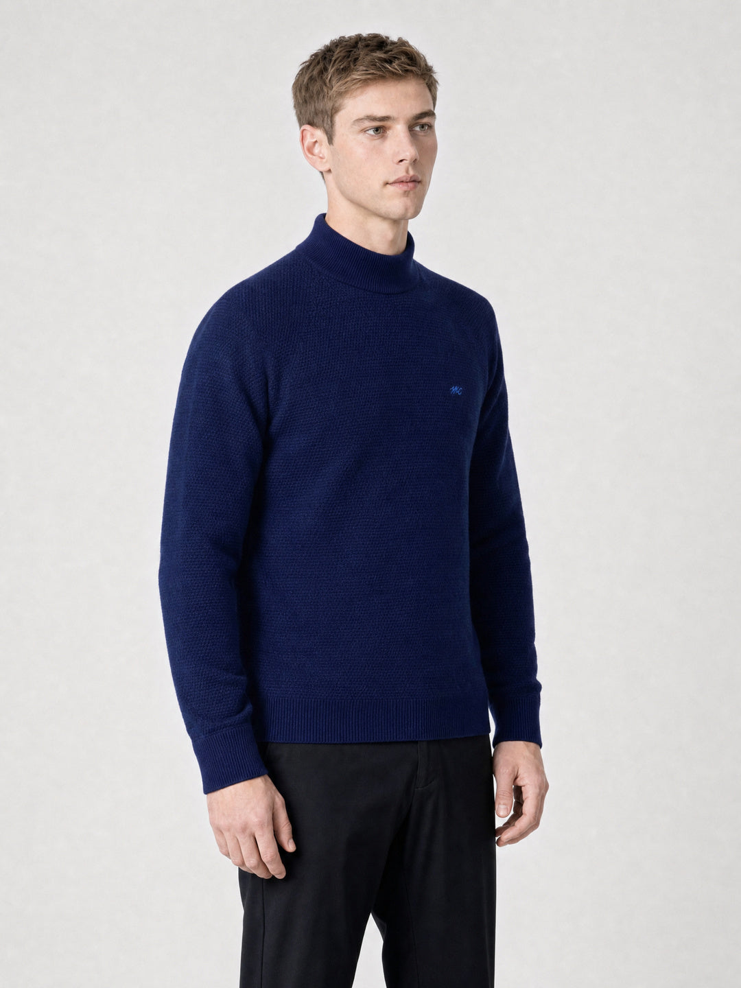 Men Blue Solid Turtle Neck Full Sleeve Pullover