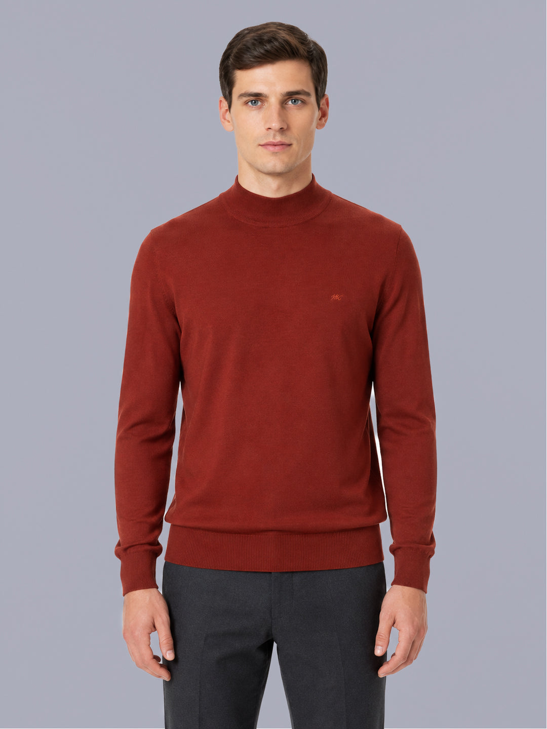Men Rust Solid Turtle Neck Full Sleeve Pullover