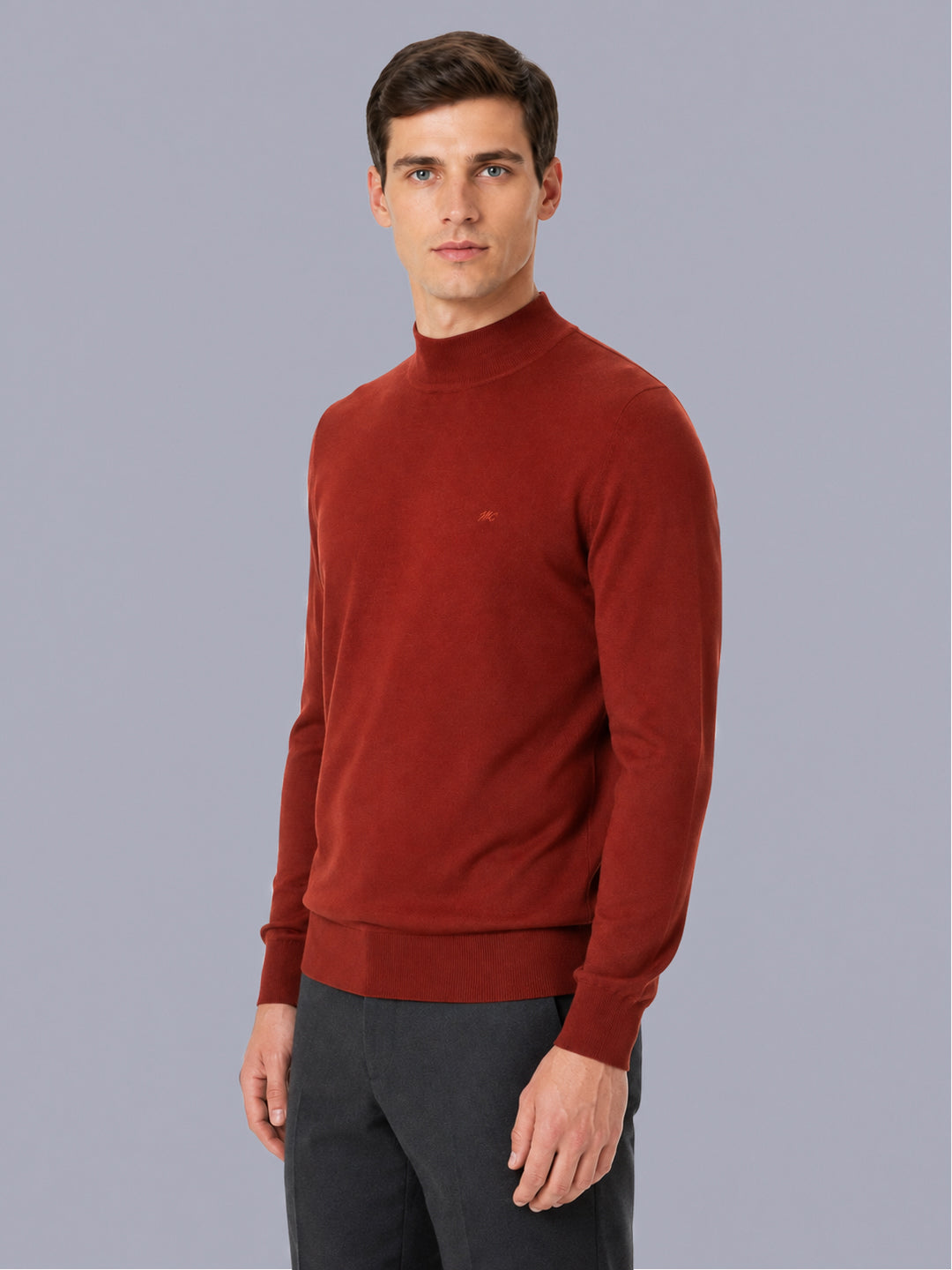 Men Rust Solid Turtle Neck Full Sleeve Pullover