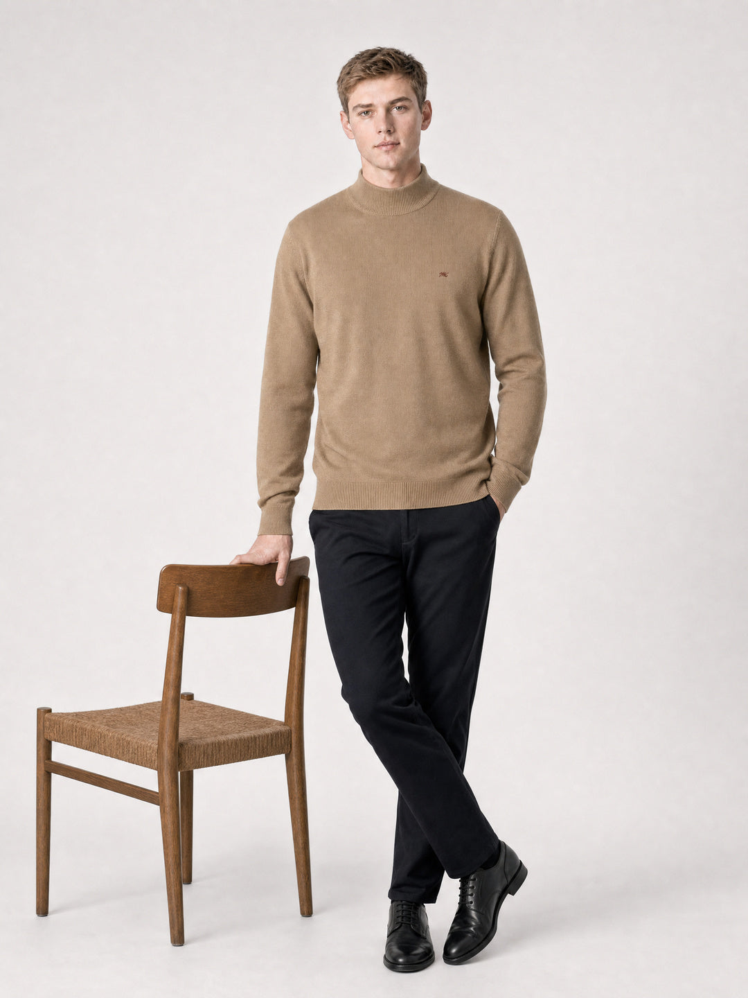Men Camel Brown Solid Turtle Neck Full Sleeve Pullover