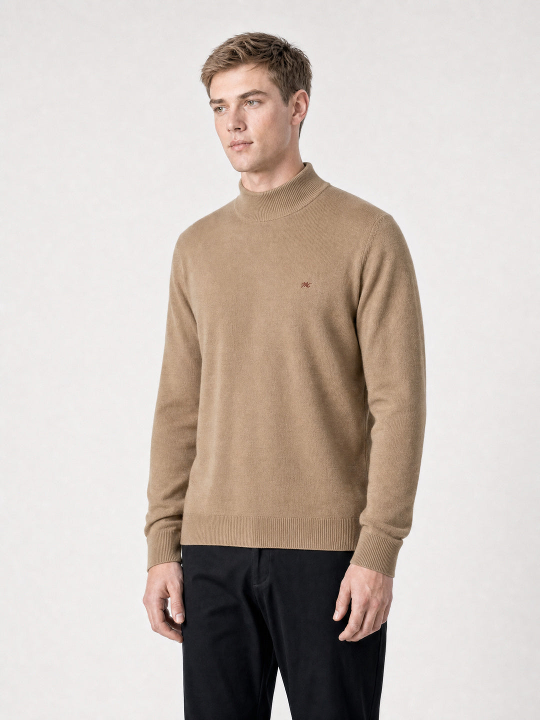 Men Camel Brown Solid Turtle Neck Full Sleeve Pullover