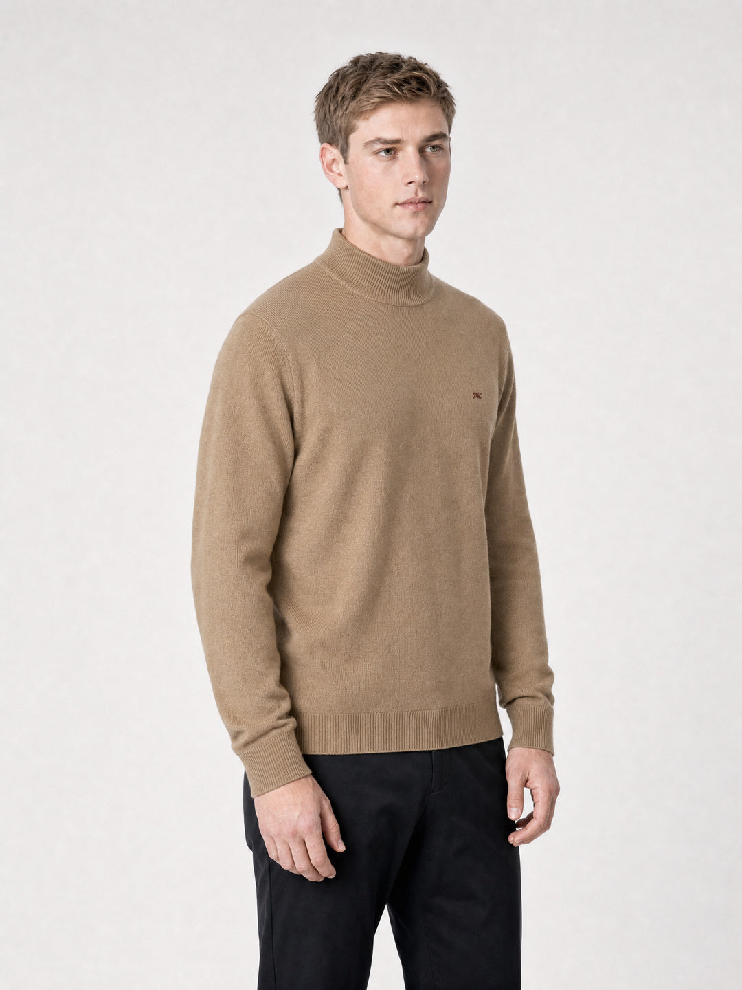 Men Camel Brown Solid Turtle Neck Full Sleeve Pullover