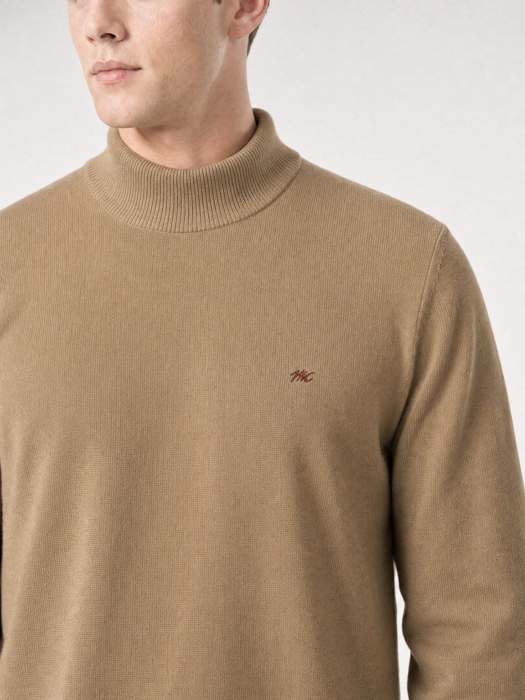 Men Camel Brown Solid Turtle Neck Full Sleeve Pullover