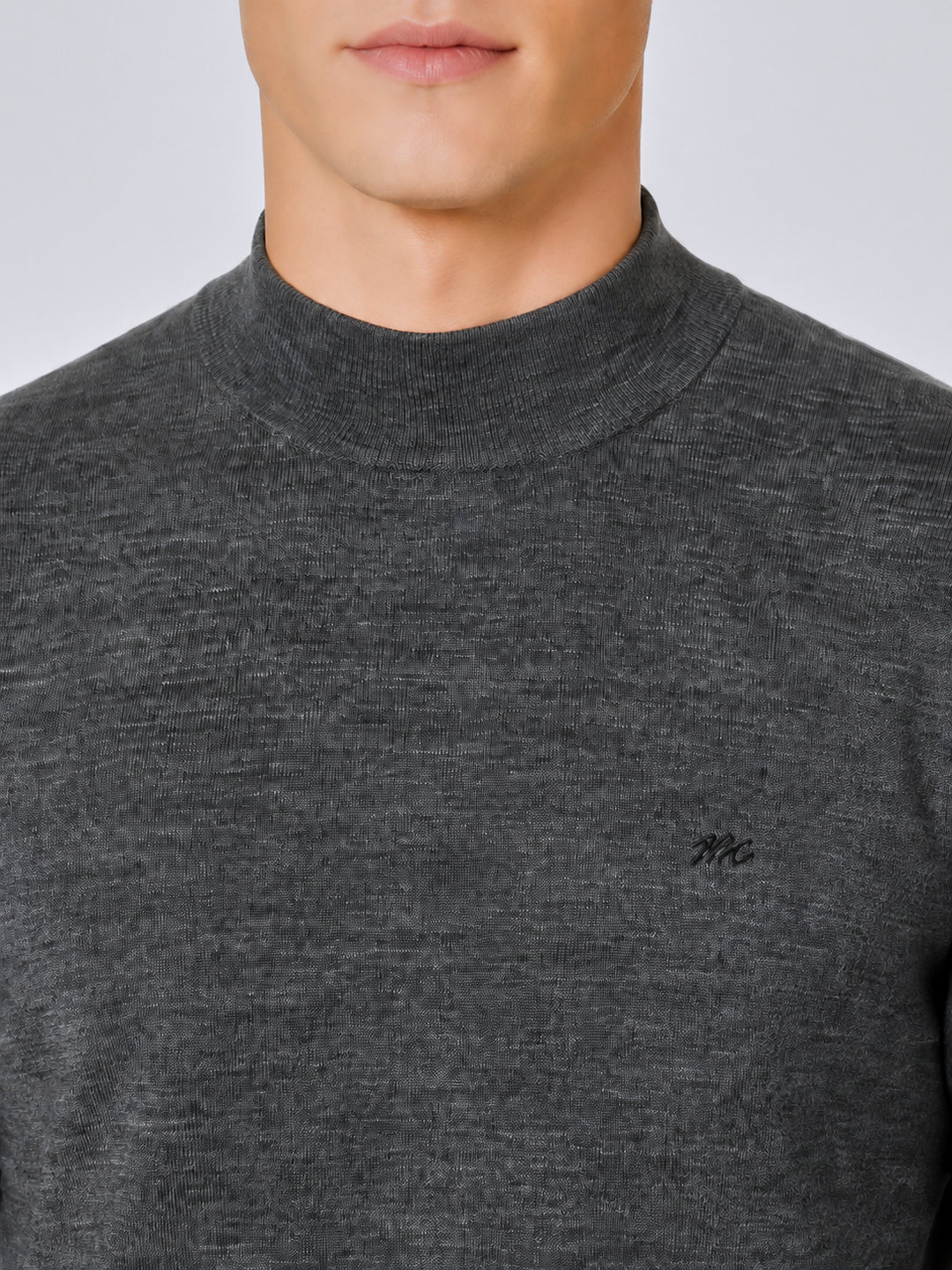 Men Grey Solid Turtle Neck Full Sleeve Pullover