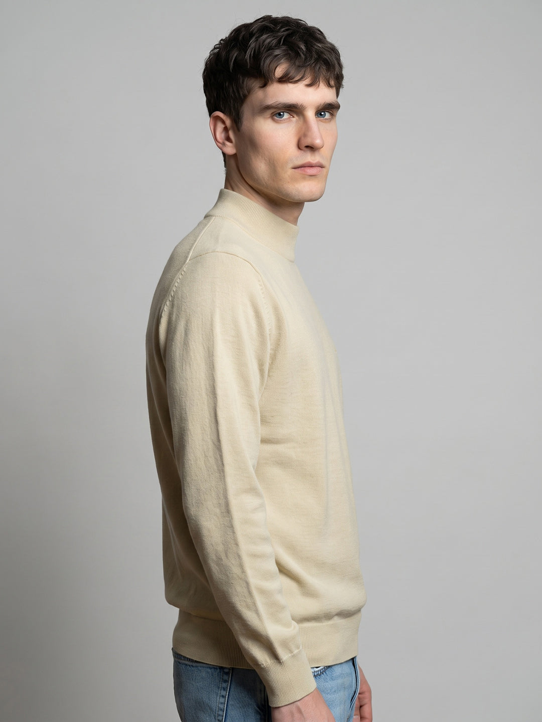 Men Cream Solid Turtle Neck Full Sleeve Pullover