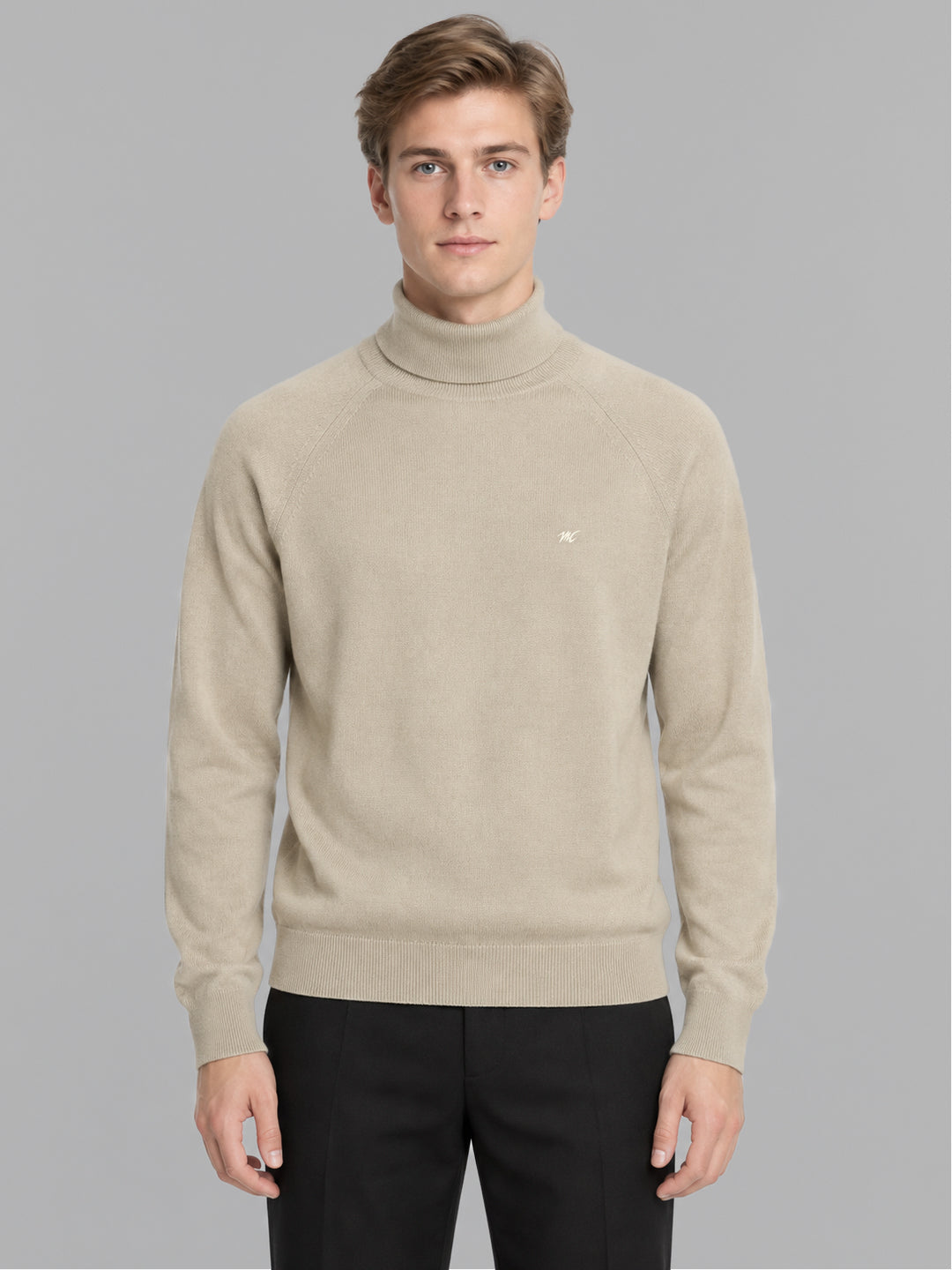 Men Beige Solid Turtle Neck Full Sleeve Pullover