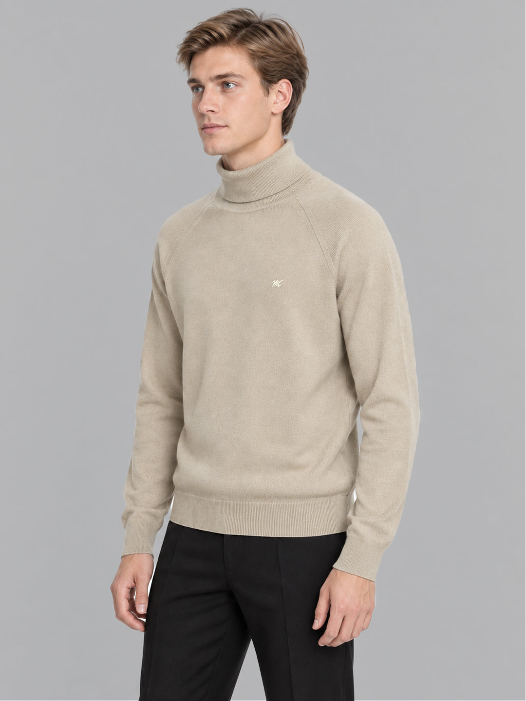 Men Beige Solid Turtle Neck Full Sleeve Pullover