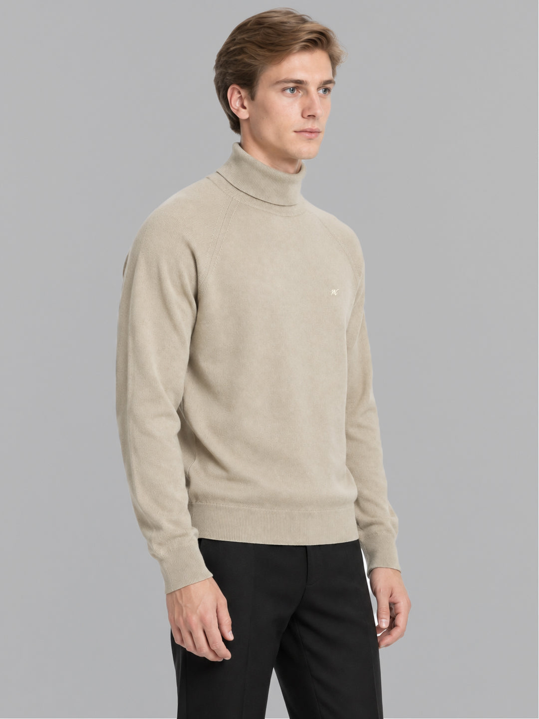 Men Beige Solid Turtle Neck Full Sleeve Pullover