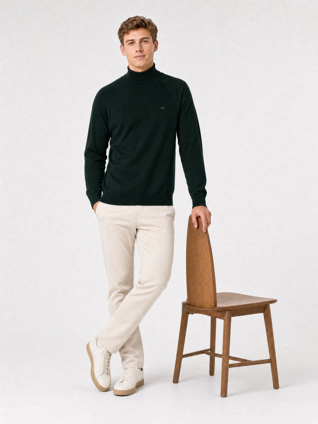 Men Green Solid Turtle Neck Full Sleeve Pullover