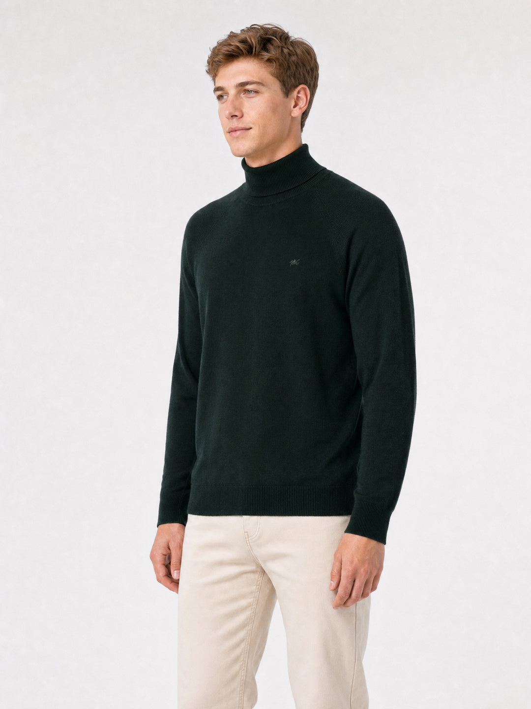 Men Green Solid Turtle Neck Full Sleeve Pullover