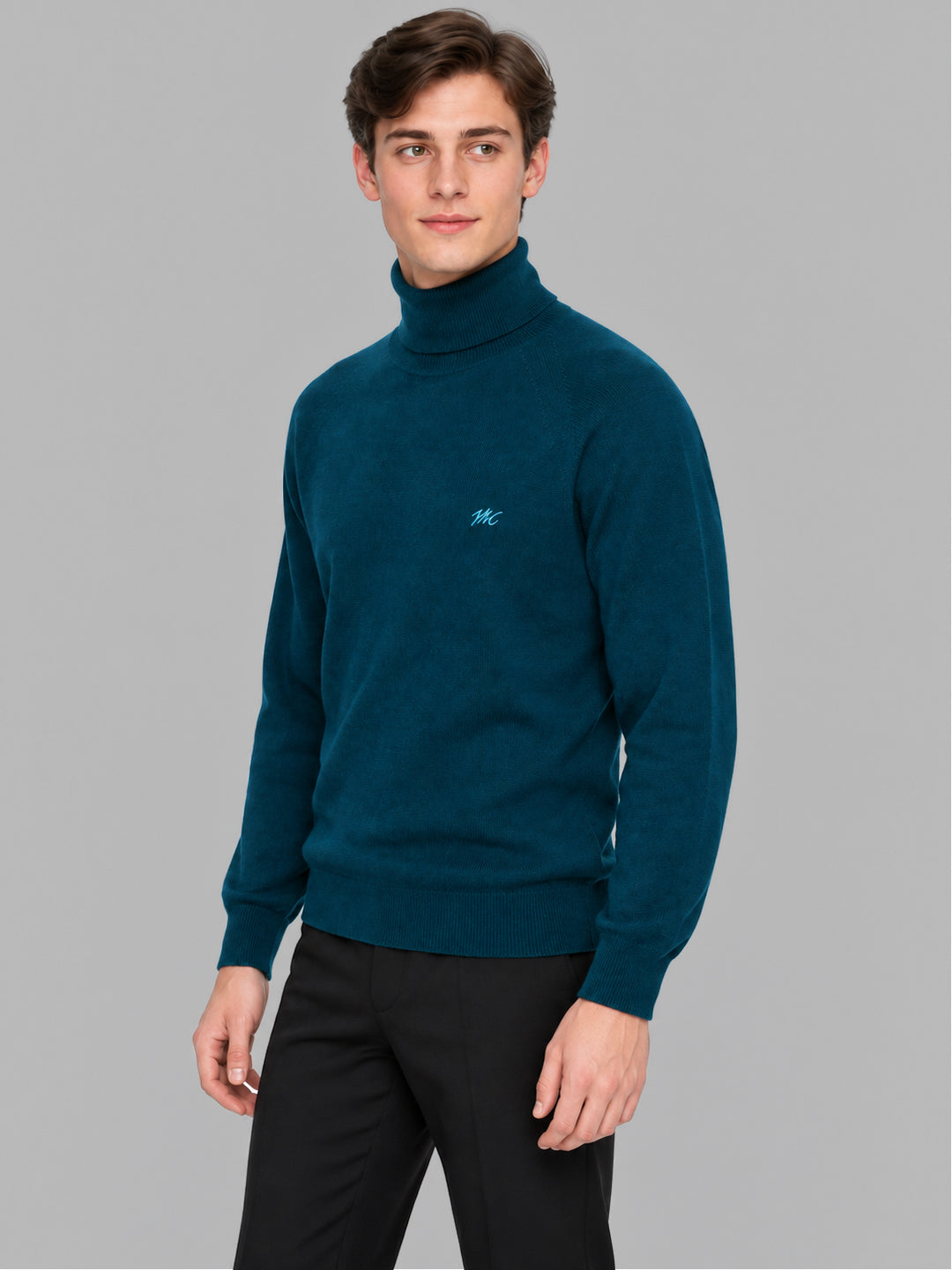 Men Teal Blue Solid Turtle Neck Full Sleeve Pullover