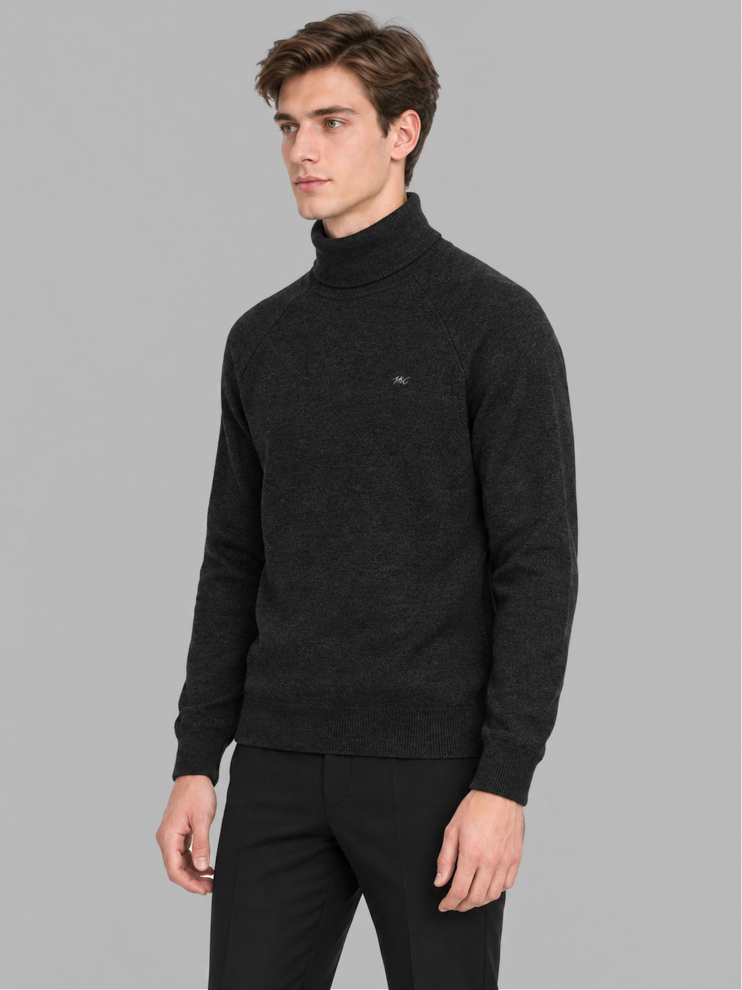 Men Grey Solid Turtle Neck Full Sleeve Pullover