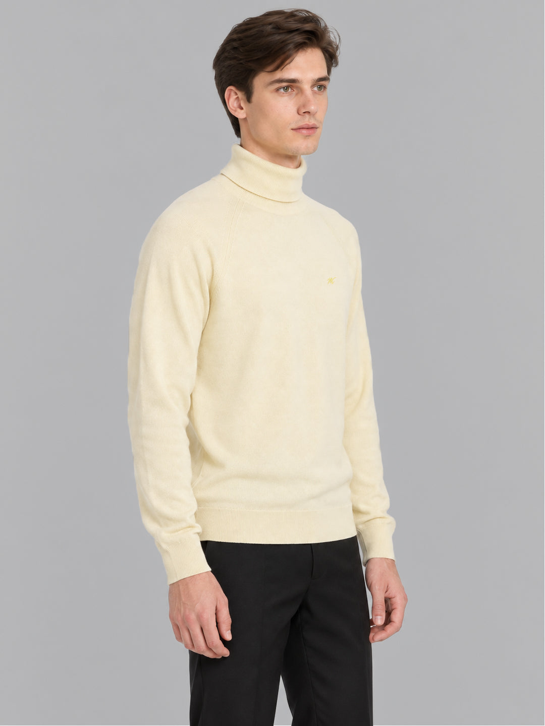 Men Cream Solid Turtle Neck Full Sleeve Pullover