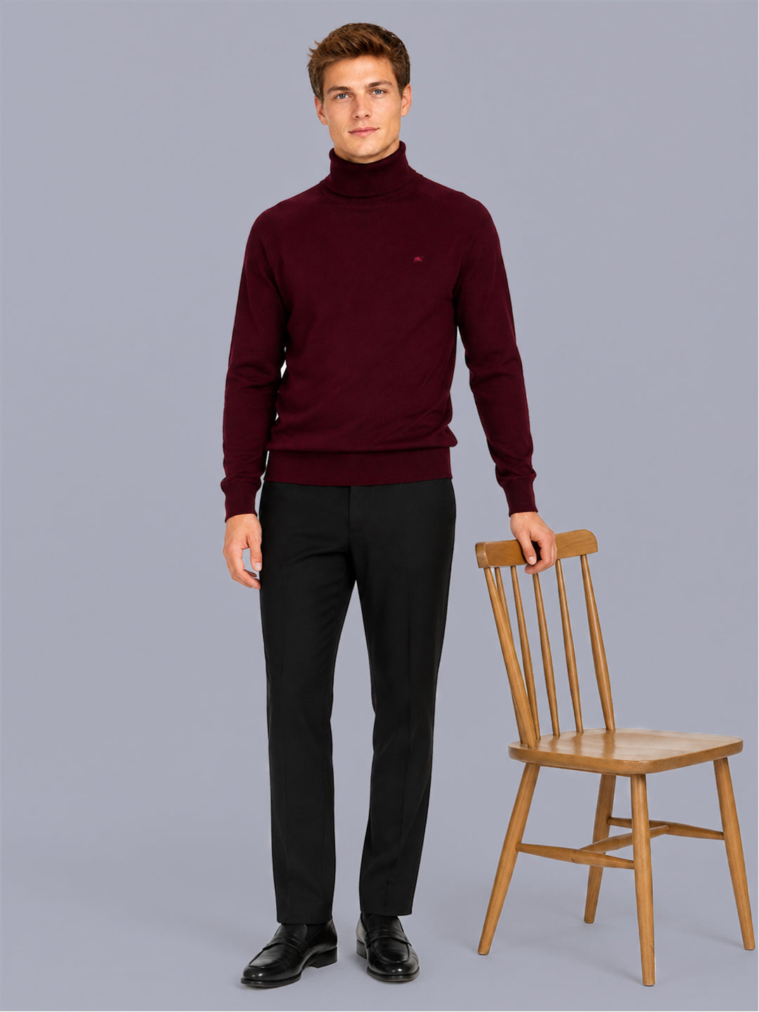 Men Maroon Solid Turtle Neck Full Sleeve Pullover