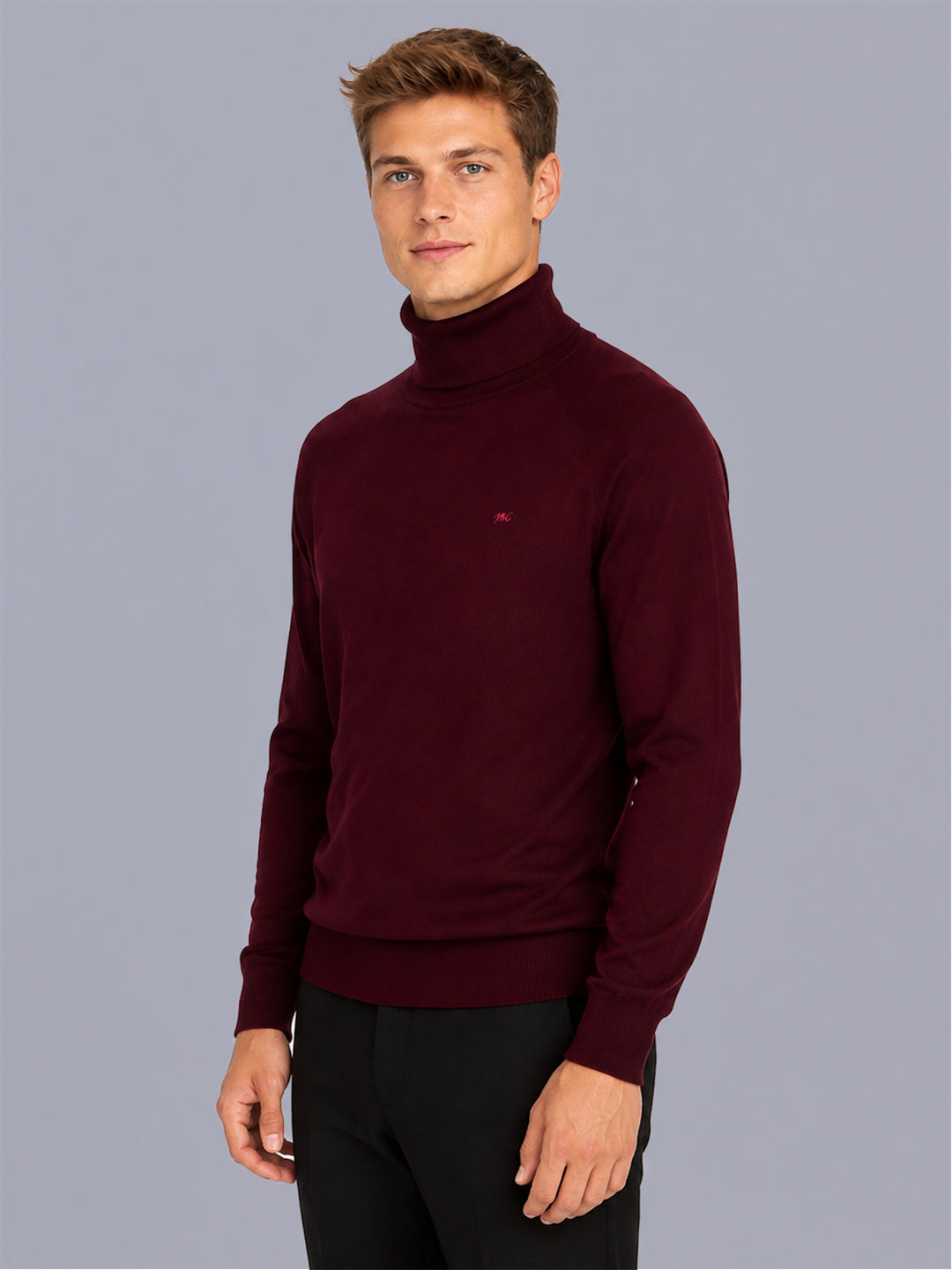Men Maroon Solid Turtle Neck Full Sleeve Pullover