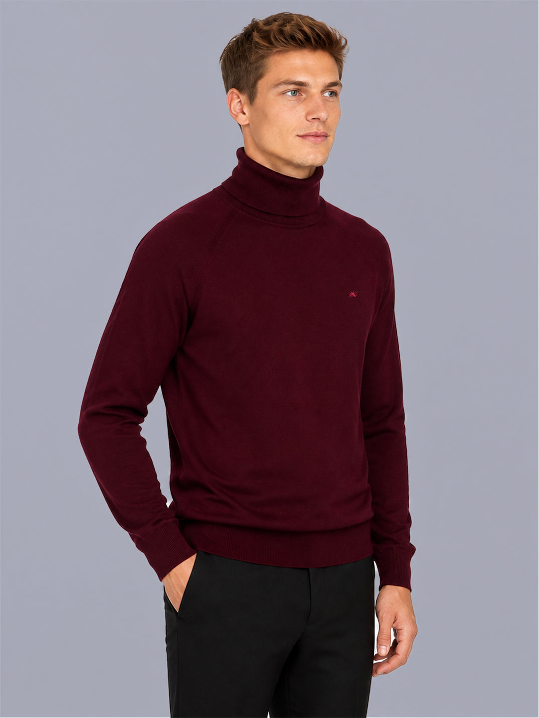 Men Maroon Solid Turtle Neck Full Sleeve Pullover