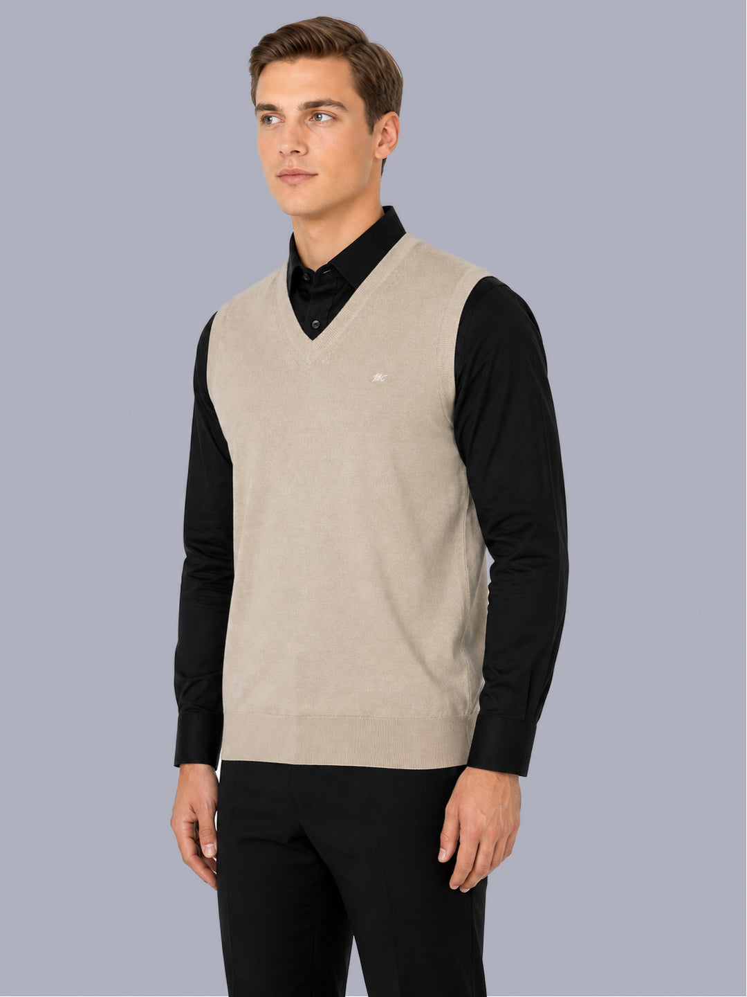Men Beige Solid V Neck Sleeveless Sweater