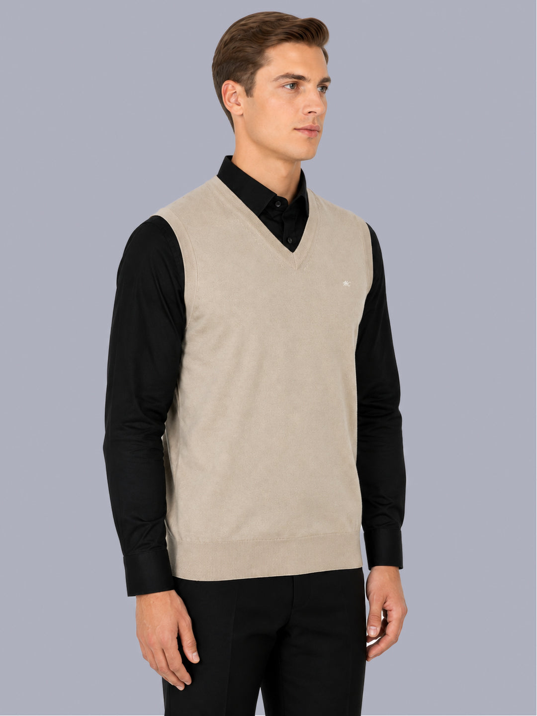 Men Beige Solid V Neck Sleeveless Sweater