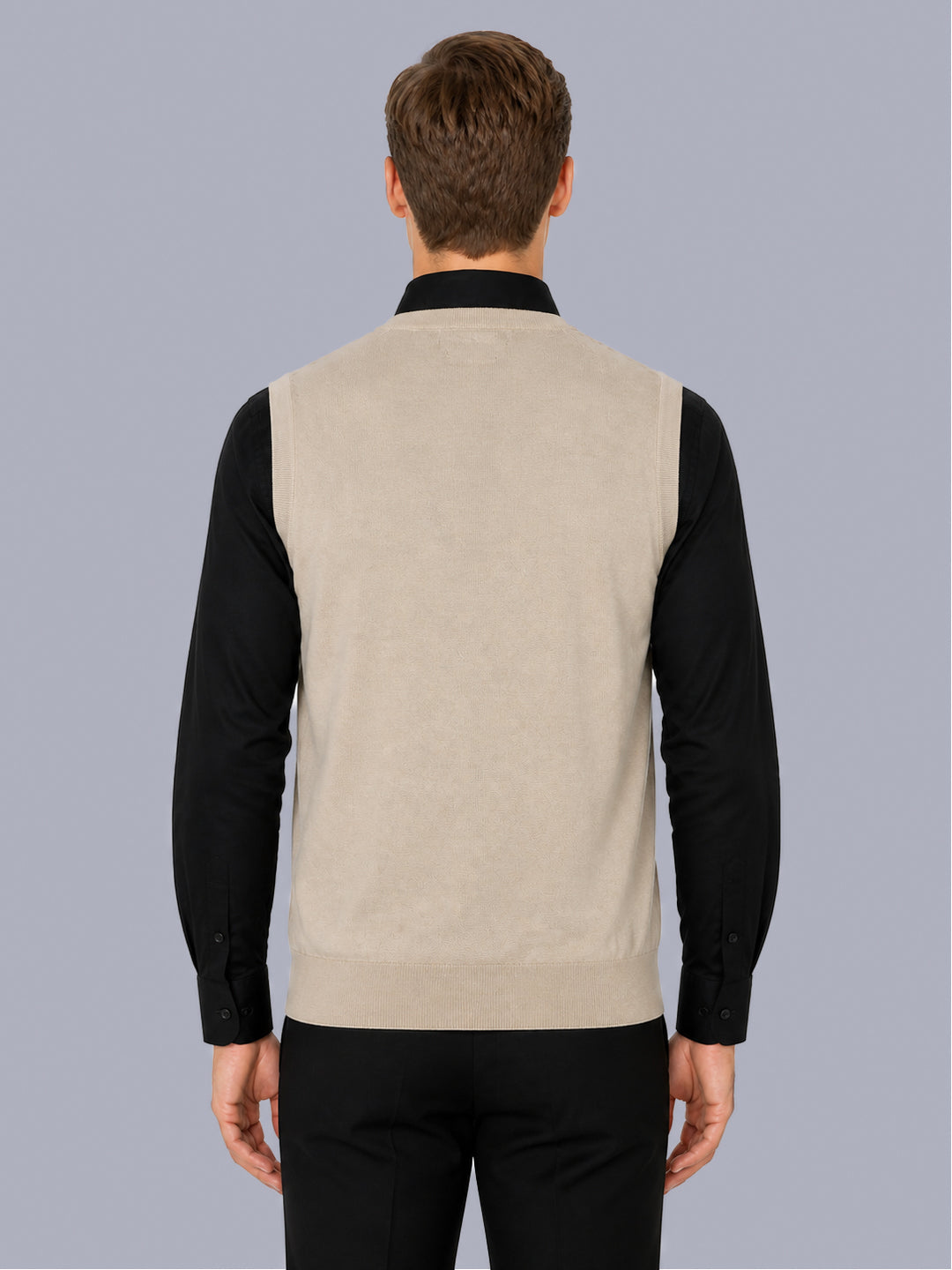 Men Beige Solid V Neck Sleeveless Sweater