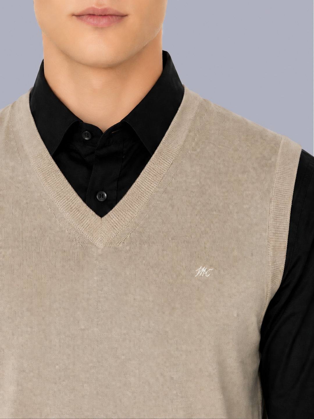 Men Beige Solid V Neck Sleeveless Sweater