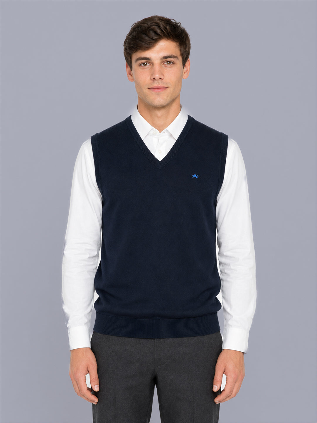 Men Navy Blue Solid V Neck Sleeveless Sweater